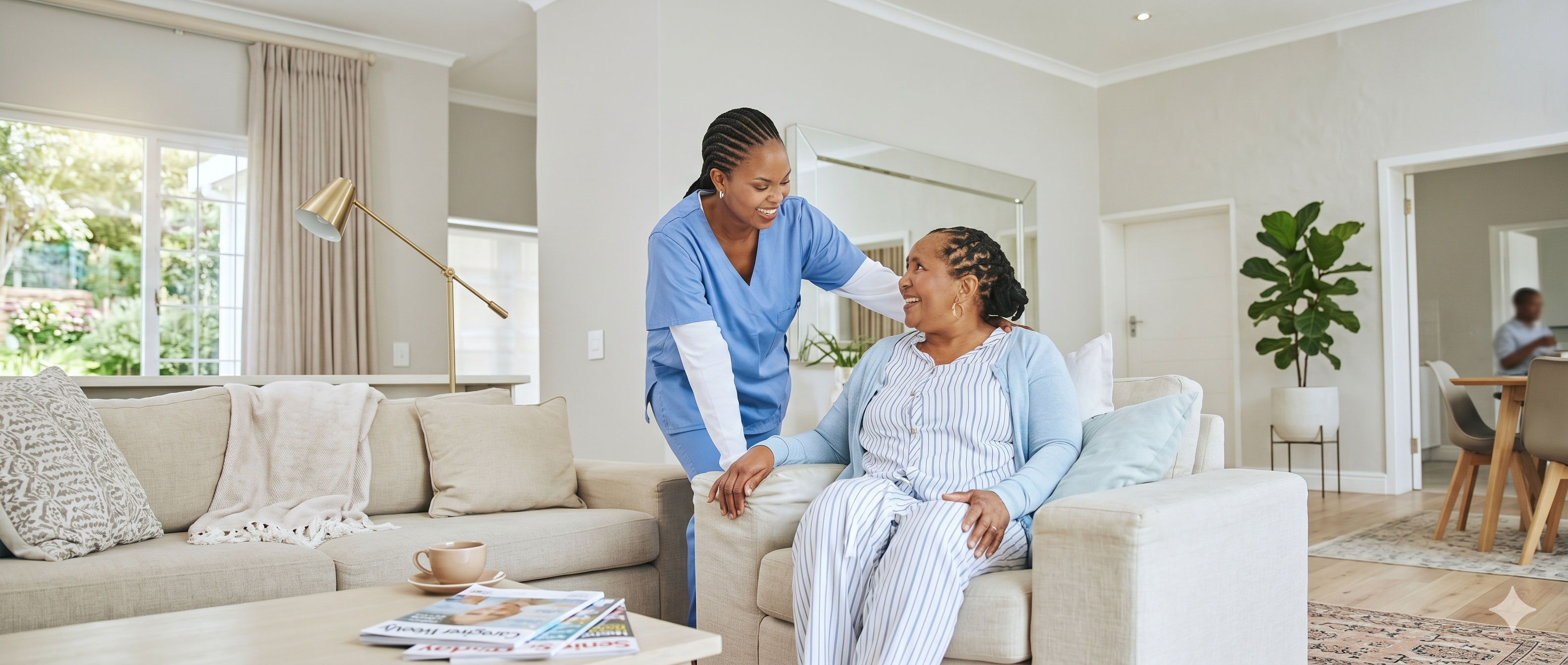Caregiver and patient smiling together
